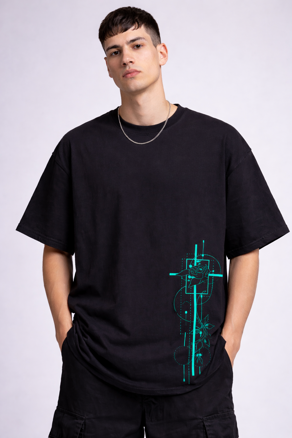 Geometric Line Oversized T-shirt– Black
